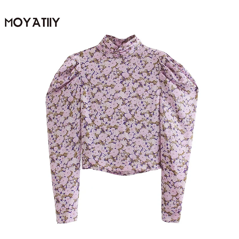 

MOYATIIY Women 2021 Fashion Floral Print Blouses Vintage Chinese Style Puff Sleeve Shirts Stand Neck Female Tops