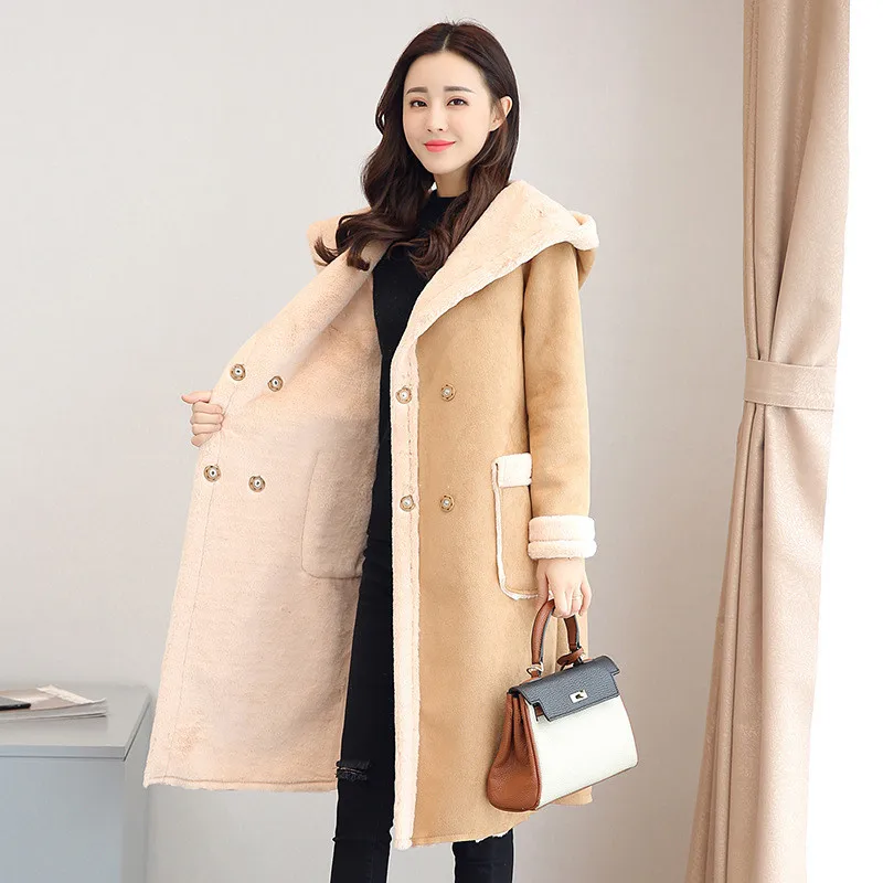 Lamb Wool Coat Women Korean Winter New Thick Warm Windbreaker Outer Wear Hooded Deerskin Velvet Mid-length Jacket Female LR2118