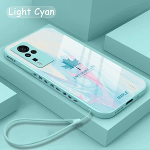 straight edge liquid watercolor maple leaf glass phone case for oppo reno 6 5 pro a95 a93 a72 for vivo x60 x50 x30 pro x27 y73s free global shipping