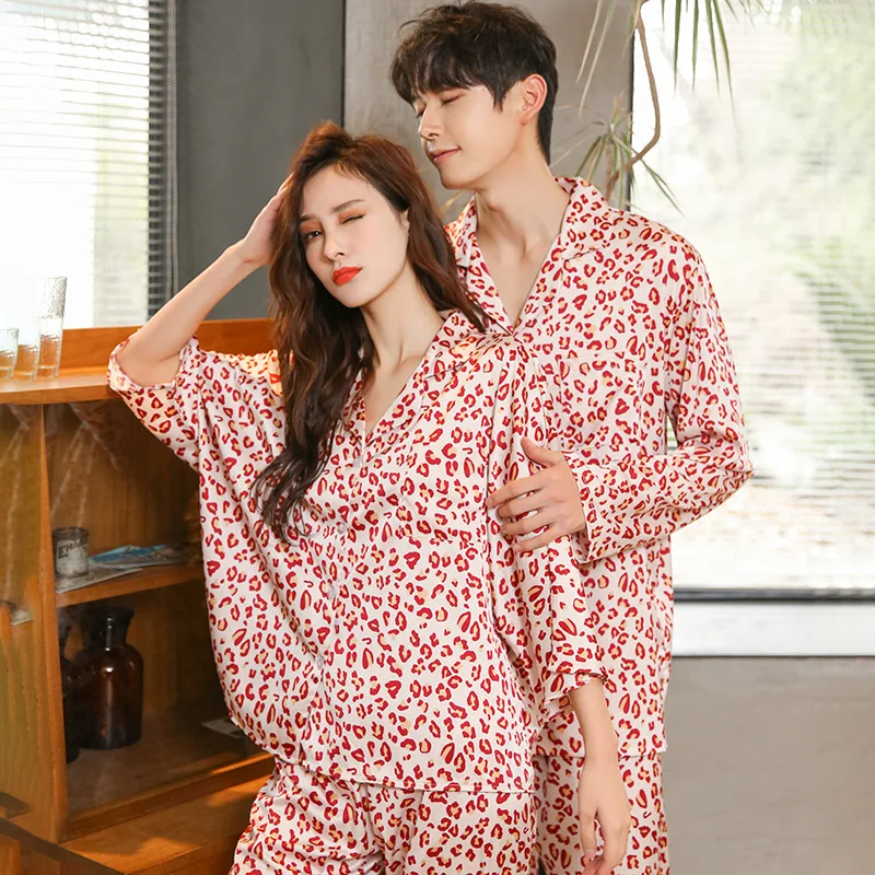 

Summer Couple Leopard Printed Pajamas Set Lovers Men Women Long Sleeve Pants Sleepwear Satin Homewear Nightwear
