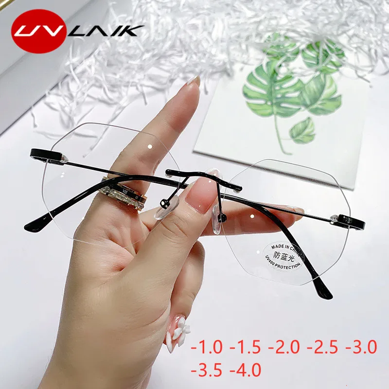 

UVLAIK Rimless Myopia Glasses Women Eyeglasses Student Computer Alloy Metal Finished Prescription Glasses Frames