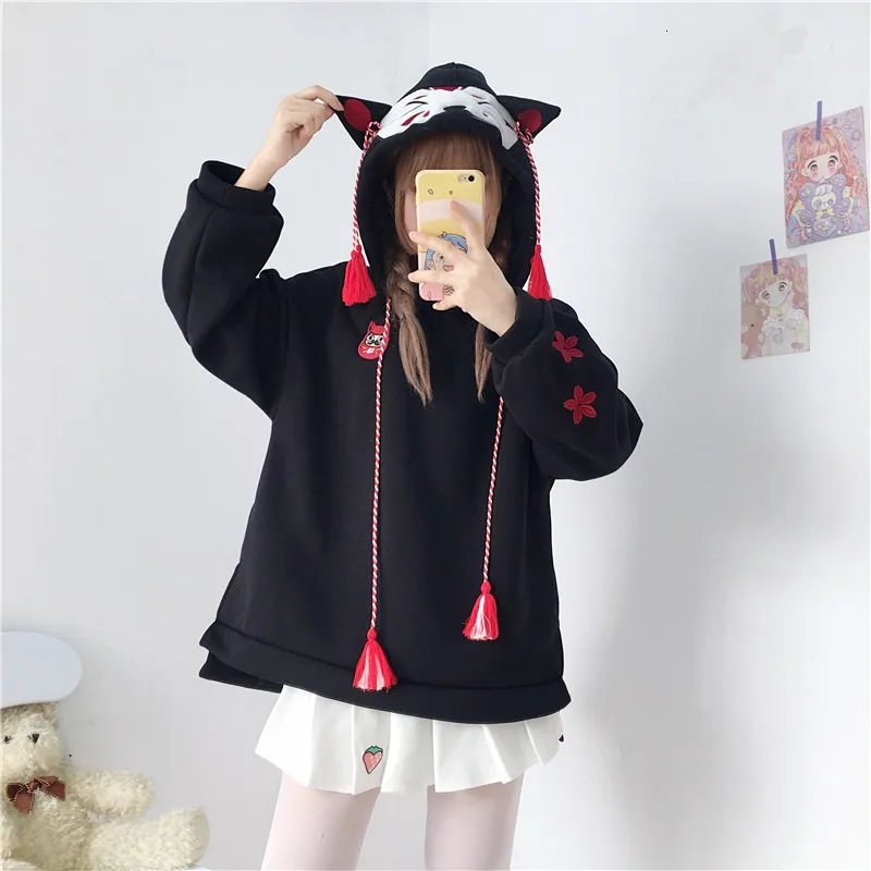 Японские милые уличные модные женские толстовки Harajuku Kawaii С лисьими ушками толстовка с капюшоном с вышивкой Сакура плюс бархатный пуловер Топы