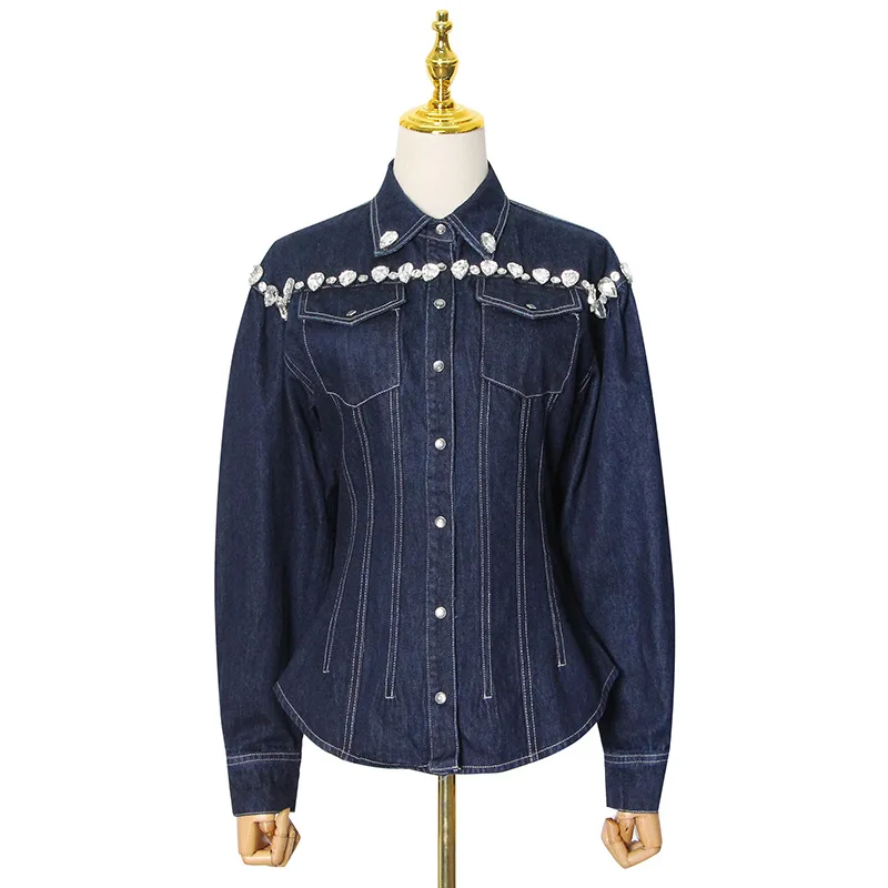 

New heavy industry diamond-encrusted temperament lapel long sleeve row buckle slim denim jacket