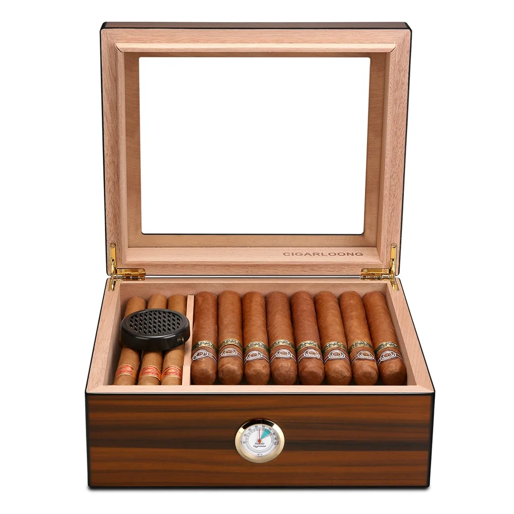 Portable Cedar Wood Cigar Humidor Glass Top Cigar Case With Hygrometer Humidifier Handmade Cigar Humidor Box Large Capacity enlarge