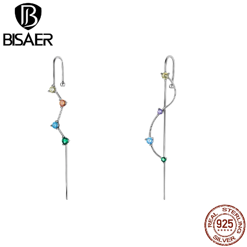 

BISAER 1pcs Drop Earrings 925 Sterling Silver Fashion Personality Ear Clip Colorful Zircon Tassel Earrings For Women Gift EFE530