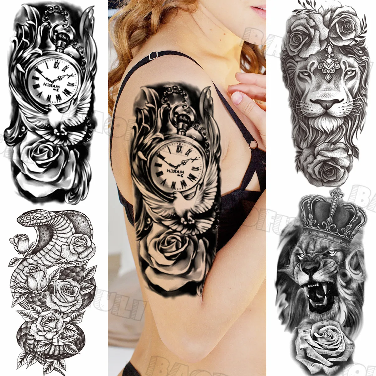 Часы розовые голубь Временные татуировки для женщин взрослые Лев змея корона