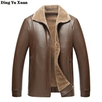 mens winter fleece lined leather jacket men warm thick pu jackets coats business casual windproof stand collar outerwear brown