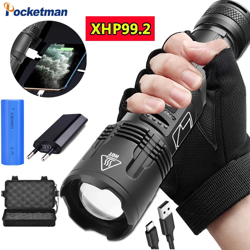 Powerful XHP99 LED Flashlight 5 ModesTelescopic Zoom Torch Light Waterproof Lantern Use 18650 26650 With Pen Holder ,Tail Rope