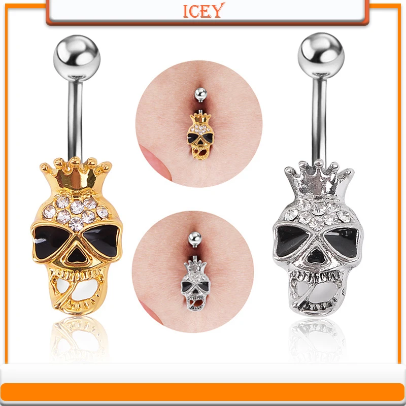 

1pc Skeleton belly ring Rhinestone navel stud stainless steel belly navel jewelry Crown belly button ring belly body jewelry