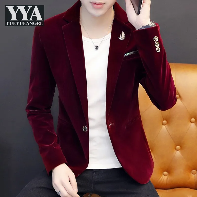 

Business Casual Mens Autumn Velvet Blazer Jacket One Button Slim Fit Wedding Party Clubwear Tops Male Office Work Cargo Jacket