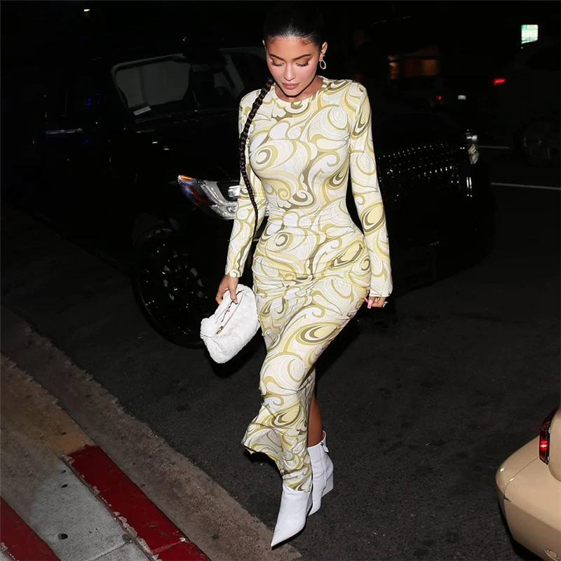 

RANMO Celebridade kyliejenner round neck, long sleeve, split printing, tight and thin skirt, sexy ladies camping in summer