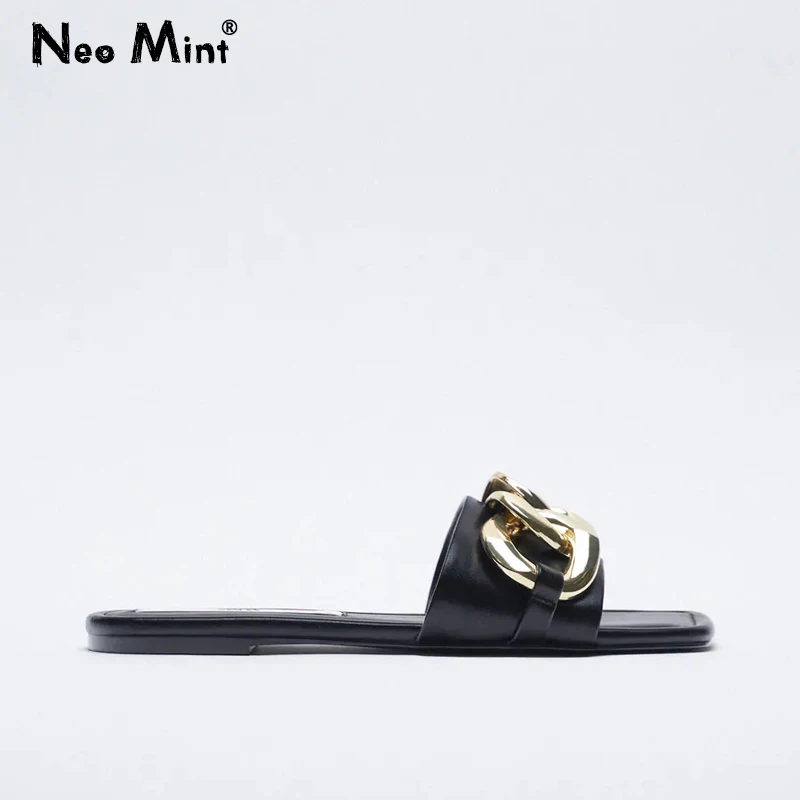 Женские босоножки на низком каблуке с цепочкой черные кожаные шлепанцы