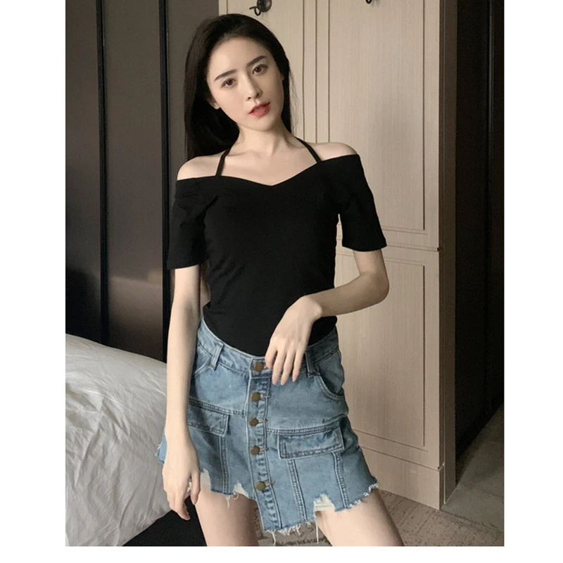 Топ с открытыми плечами футболки для женщин 2020 Лето V образным вырезом Футболка