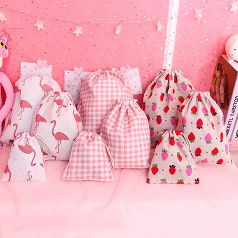 Хлопковая Сумка на шнурке с клубничкой Женский дорожный кейс для косметики