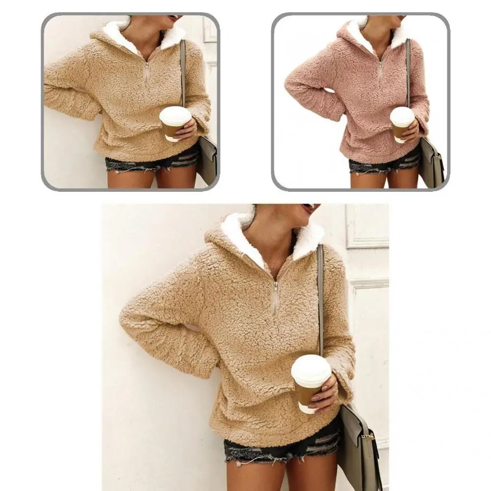 

Fluffy Sweatshirt Stylish Zipper Neck Lady Pullover Hoodie Simple Fluffy Hoodie