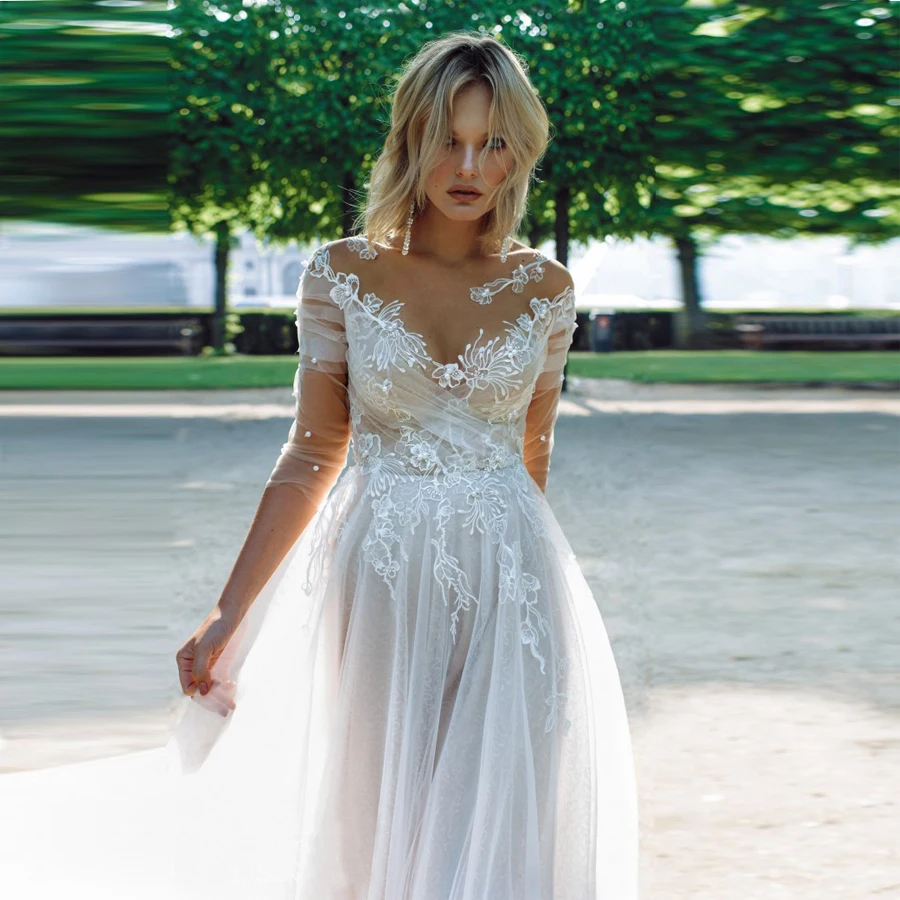 

O-neck Applique Lace With Pearls Tulle A-line Wedding Dresses 3/4 Sleeves Sweep Train Wedding Gowns vestido de noiva 2020