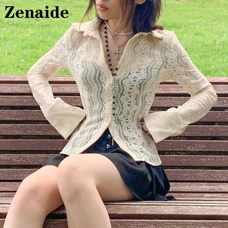 

Zenaide 2022 Autumn Lace Crop Top Y2K See Through Blouse V Neck Women Elegant Vintage Casual Flare Long Sleeve T Shirt Korean