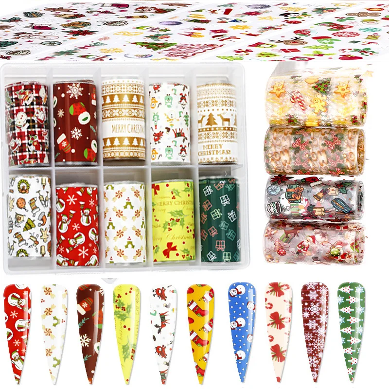 

10pc/box 4cm*100cm Christmas Nails Art Transfer Foils Manicure Sticker For Nails Tips Snowflake Santa Elk Transfer Foils Slider