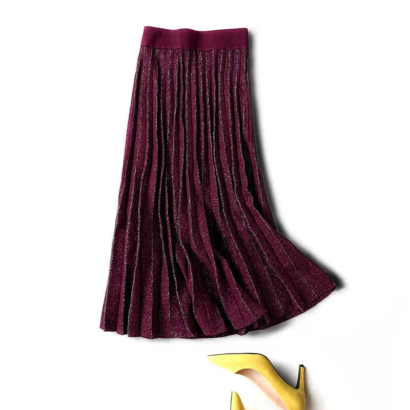 

Elastic High Waist Kintted Skirts For Women 2019 Winter Pleated Skirt Solid A-Line Skirt For Women Elegant Long Skirt Saia Falda