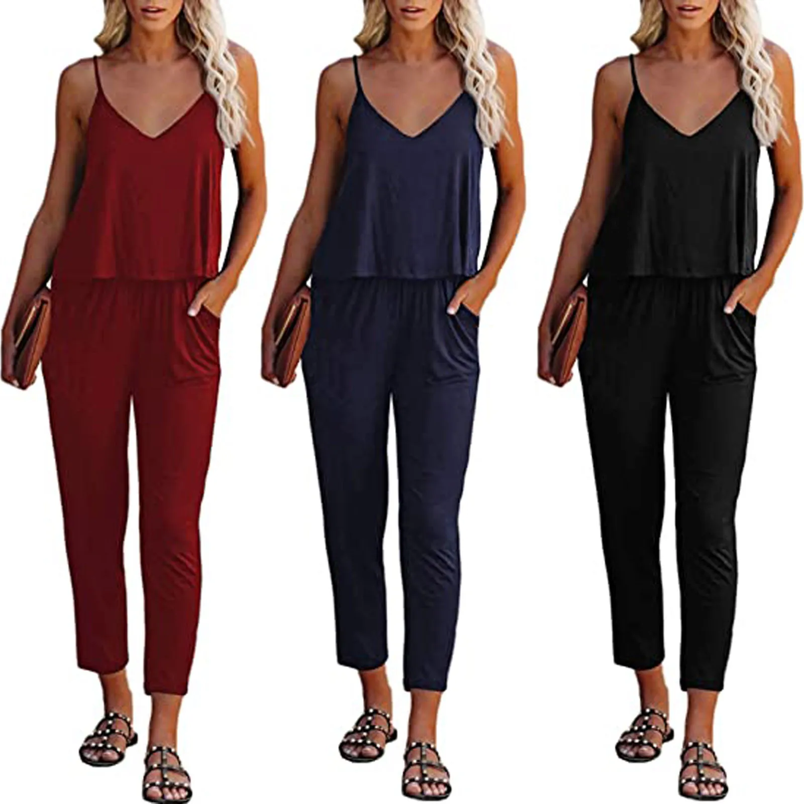 

2PCS Fashion Womens Vest Summer Solid Color V-Neck Sleeveless Tank Tops+Pants Casual Breathable Plus Size Women Clothing