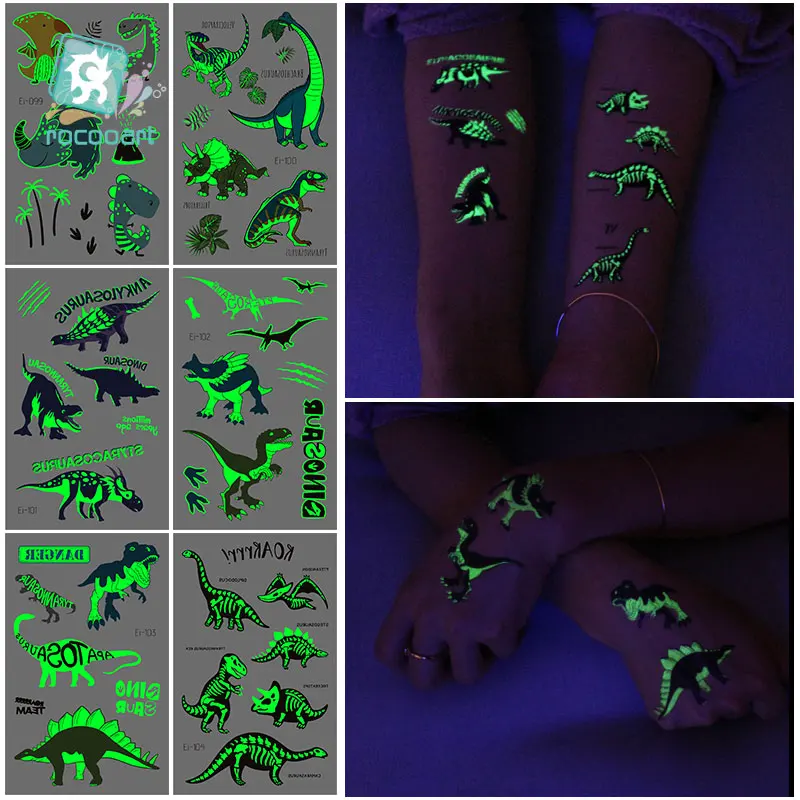 

Rocooart Glowing in the Dark Tattoo Sticker Cartoon Animal Dinosaur Cool Luminous Temporary Tattoo Fake Taty For Boy Children