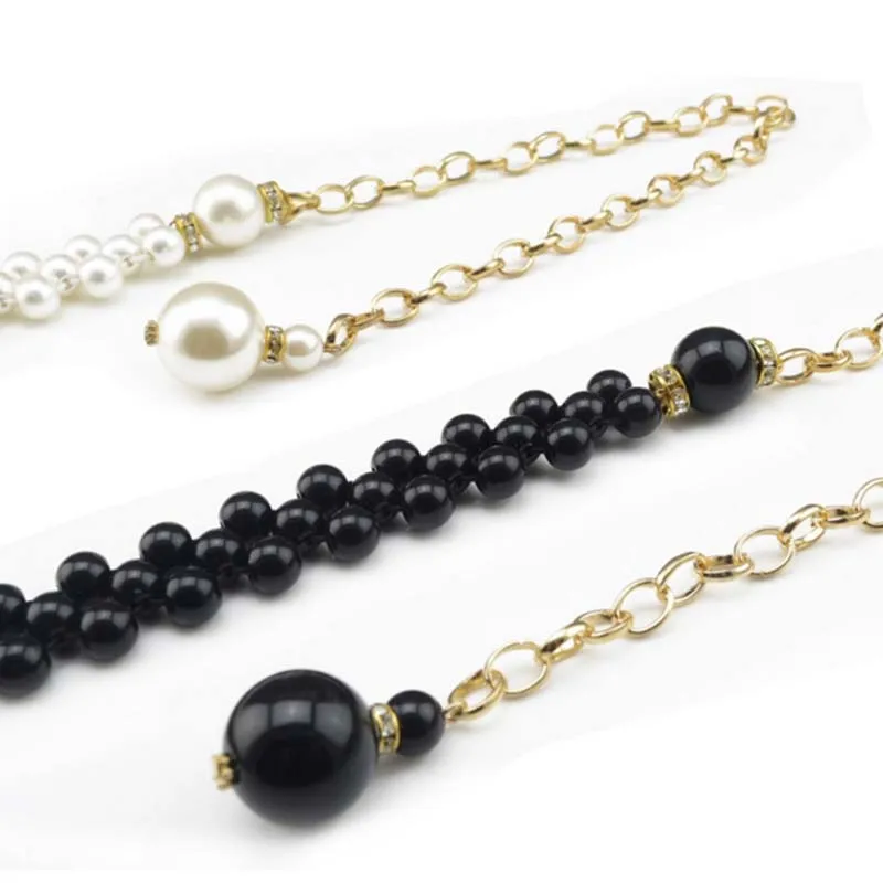 

Fashion Elegant Women Imitation Pearl Belts Alloy Chain Belts Black White Imitation Pearl Chain Women Clothing Accessories