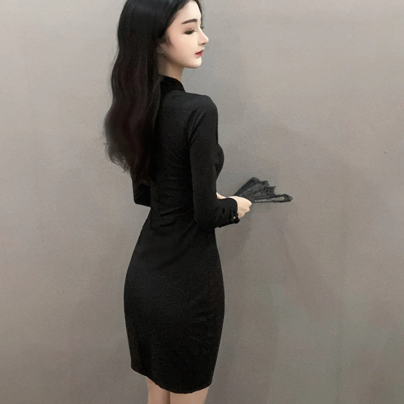 Женское мини-платье-Ципао Sungtin винтажное классическое элегантное тонкое черное