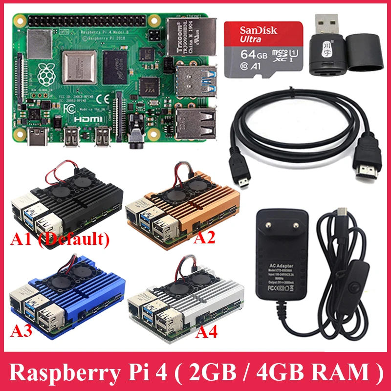 Raspberry Pi 4 Model B kit 2G / 4G RAM + алюминиевый чехол источник питания SD карта 32 ГБ/64 ГБ Кабель