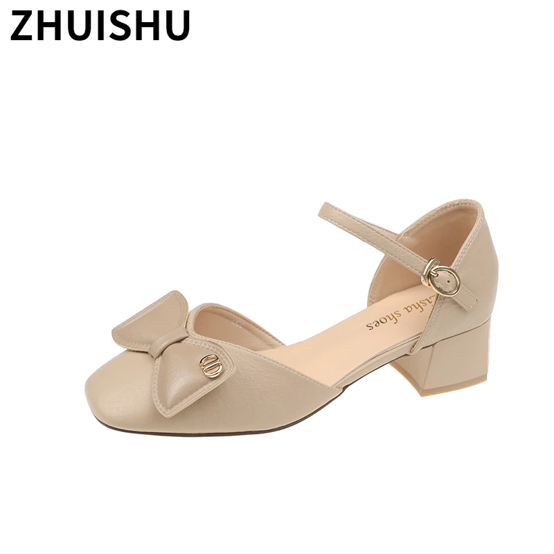 

2021 Summer new Bow High Heel Shoes for Woman Fashion Vintage Buckle Casual Sandals Zapatillas Mujer Casa Sapatos Femininos