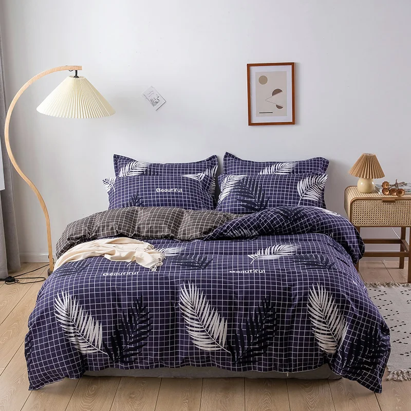 

Blue Plaid Feather Double Sided Luxury Comforter Bedding Set Adult Fashion Modern King Queen Twin Size Bed Linen Duvet Cover Set