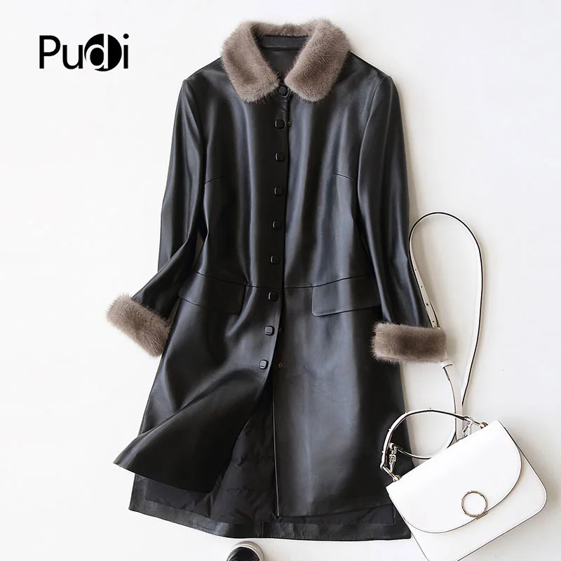 

PUDI A27953 Real Sheep Skin Coat Jacket Overcoat Women's Winter Warm Mink Fur Coat Genuine Leather Inside Winter Coat