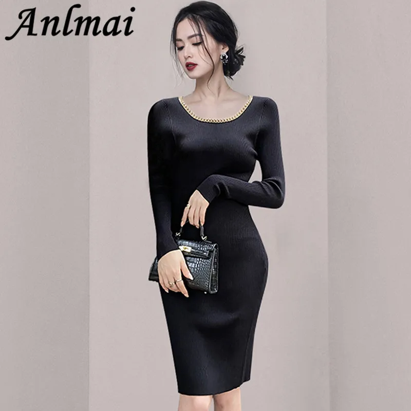 

Женское трикотажное платье-свитер, однотонное ТРАПЕЦИЕВИДНОЕ ПЛАТЬЕ до колен с длинным рукавом, Осень-зима