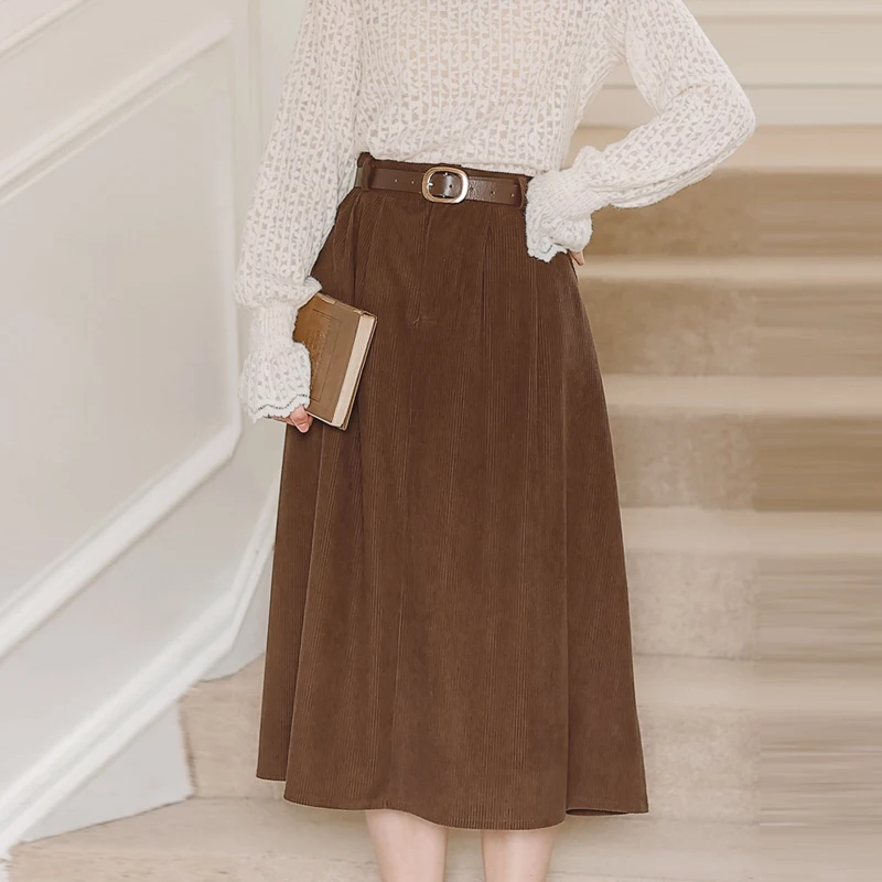 

Retro autumn 2021 new corduroy mid-length skirt female temperament fashion high waist a-line pleated skirt with belt
