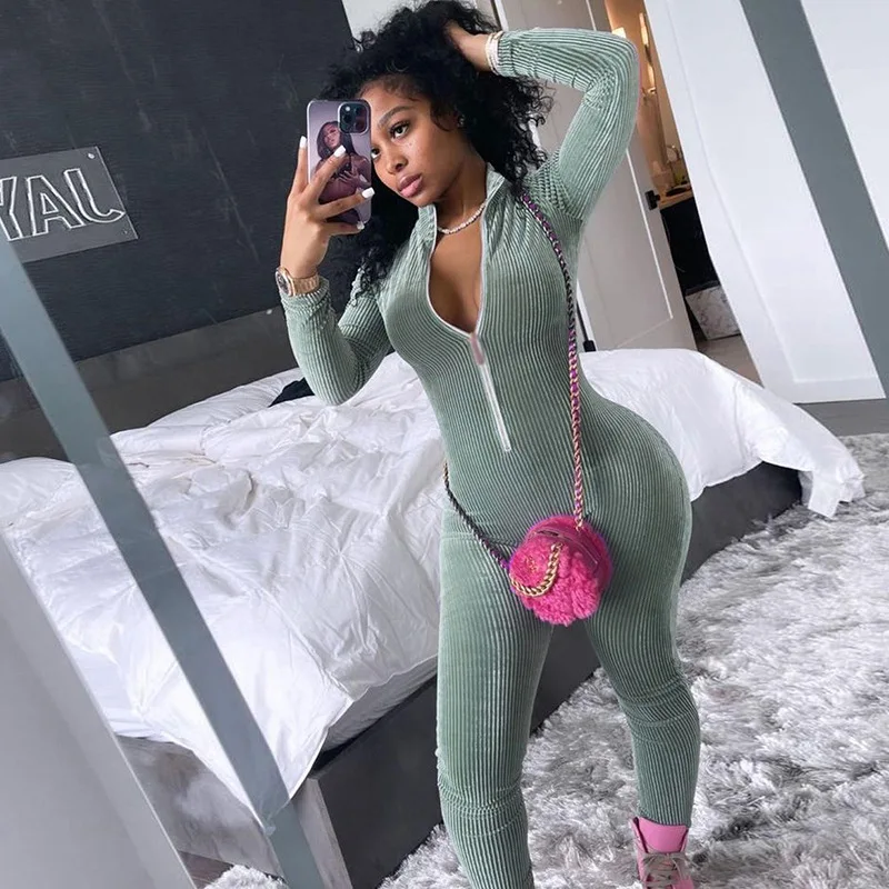 

NOVAINSPO Ribbed Solid Half Open Neck Zipper Long Sleeve Jumpsuit Spring Women High Waist Fitness Tracksuit Outfits Basic Tight