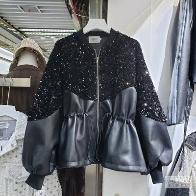 

fall New Women Sequins Spliced PU Leather Jacket Fashion Black Drawstring Zipper Short Loose Faux Leather Coat Jacket Female