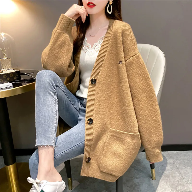 

Sweater women loose loose outer wear lazy 2021 autumn and winter new Korean embroidery outer cardigan jacket women's sweater