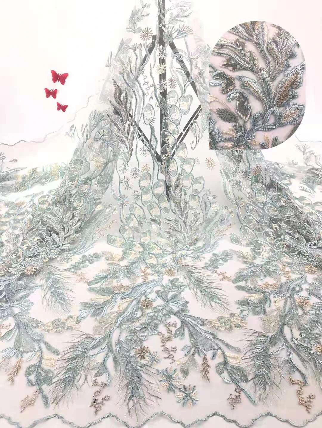 

2019 new design African lace fabric high quality lace fabric French embroidery tulle lace fabric sequins FJ3458