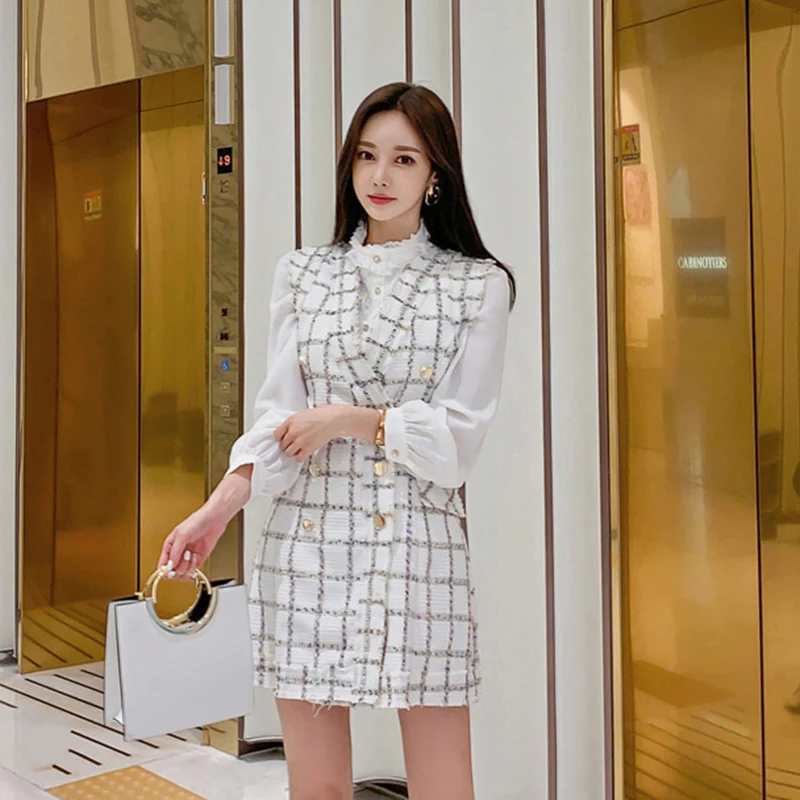 Женский твидовый комплект из 2 предметов рубашка с воротником бантом со стразами