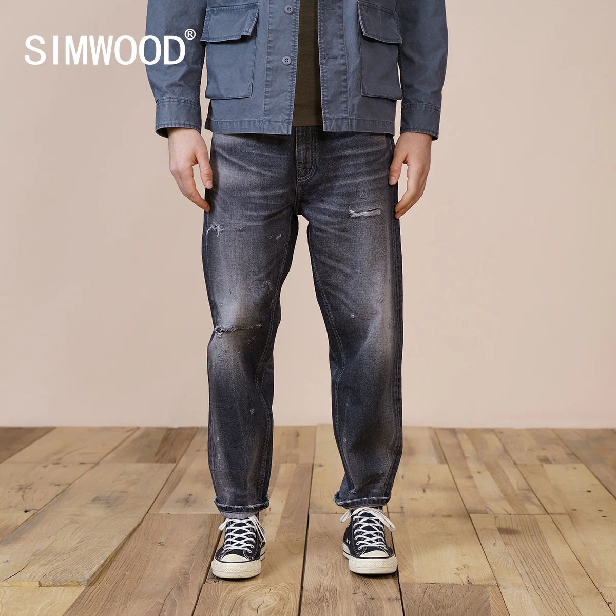 

SIMWOOD 2022 Spring Summer New Ripped Jeans Men Hole Fashion Loose Straight Model 100% Cotton Jean Ankle-Length Denim Trousers
