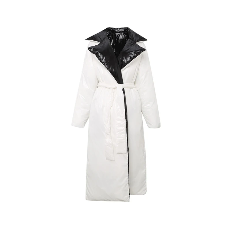 

Winter Reversible Down Jacket Women Lapel Long Parkas Coat Warm Puffer Jacket Outwear With Belts