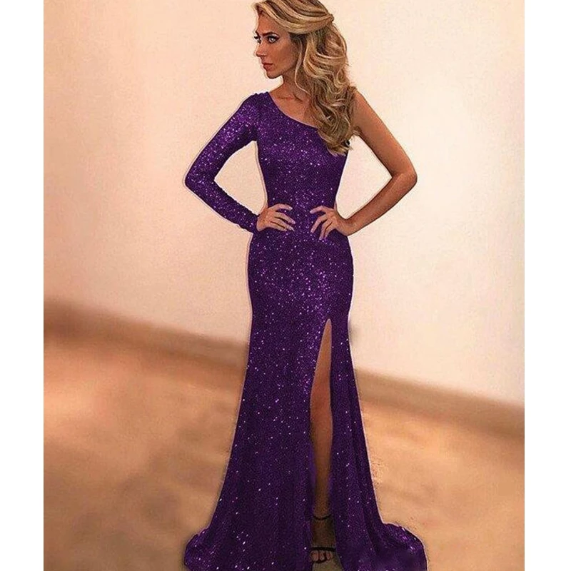 

WEPBEL Dress Women's Sexy Solid Color Slim Fit Slit Dress Summer Long Sleeve High Waist Slash Neck Party Formal Dress