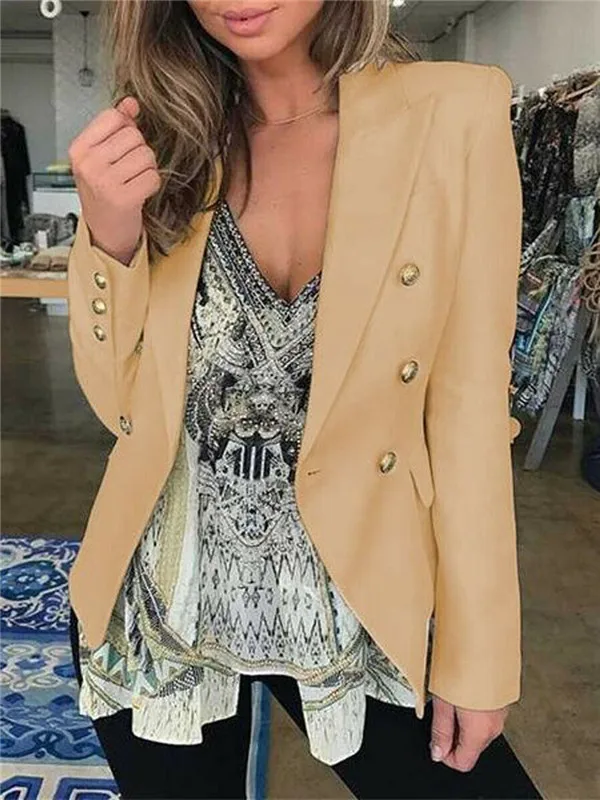 2019 Женский блейзер однотонного цвета с длинными рукавами деловой двубортный