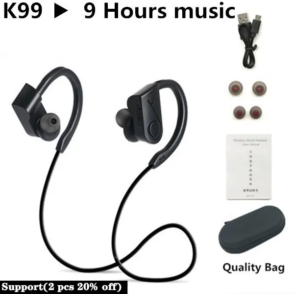 Спортивные Bluetooth наушники, беспроводные наушники, Bluetooth гарнитура, водонепроницаемый шумоподавитель с микрофоном для телефонов android ios - Цвет: K99 Black