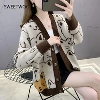 kawaii cartoon v neck cardigan women cute cat vintage knitted sweater female retro fashion long sleeve knitwear coat 2021