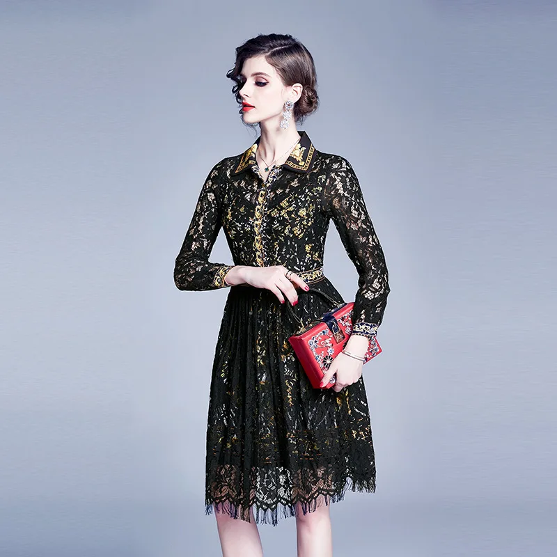 

Runway Women Vintage Print Single breasted Shirt Dresses Hollowing Out Long Sleeve Pleated Slim Lace Knee Length Ladies Dresses