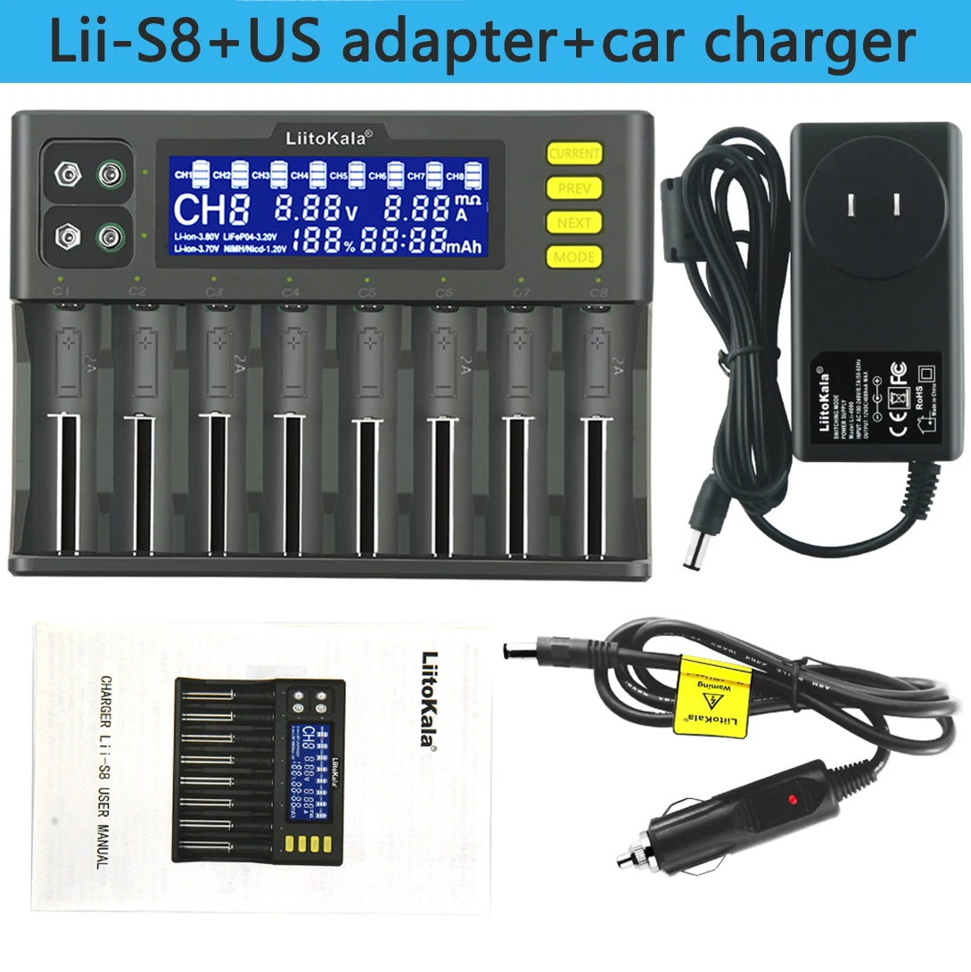 

LiitoKala Lii-S8 Battery Charger Li-ion 3.7V1.2V Li-FePO4 3.2V IMR 3.8V charger + 18650 3000mah HG2 + 18650 3400mAh NCR18650B