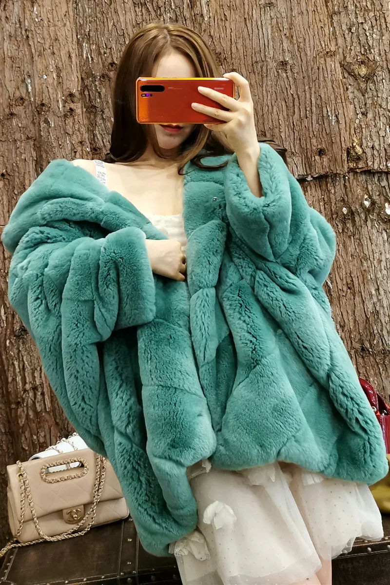 

Mink Skin Quality New Grade Full Leather Rex Rabbit Fur Mid-Length Batwing Sleeve Hooded Fur Overcoat Coat