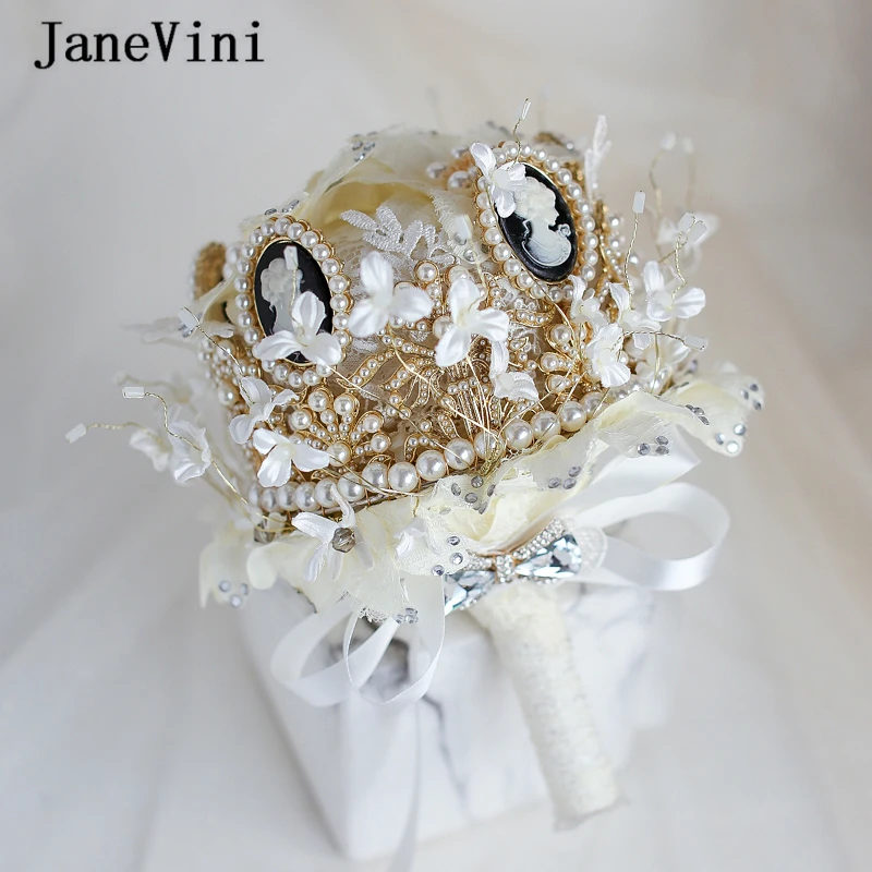

JaneVini Artificial Ivory Roses Bridal Bouquets Jewelry Bride Holding Flowers Luxury Scepter Crystal Wedding Bouquet Accessories