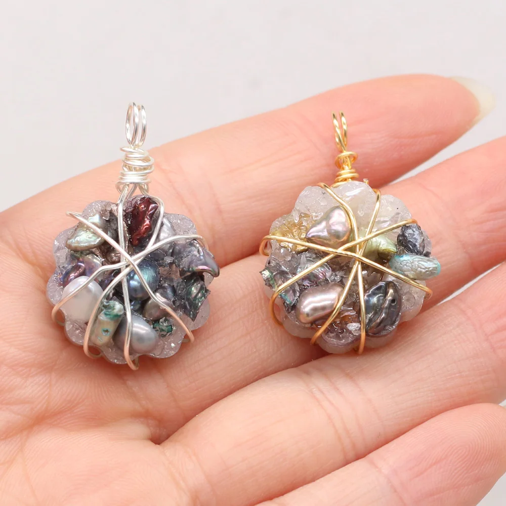 

2021New Natural Stone Around Gold Silver Thread Irregular Flower Shape Pearl Pendant Making DIY Necklace Jewelry Accessory Gift