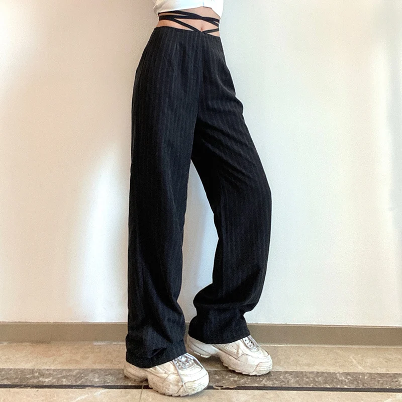 

Bandage Y2k Straight Suit Pants High Waist Fashion Women 2021Vintage Striped Trousers For Female Summer Streetwear Loose Capris
